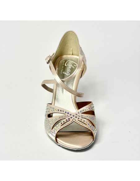 Scarpa da ballo donna latino liscio spuntata raso cipria tutta con strass suola bufalo tacco 80 rocchetto