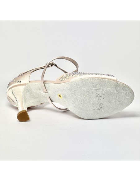 Scarpa da ballo donna latino liscio spuntata raso cipria tutta con strass suola bufalo tacco 80 rocchetto