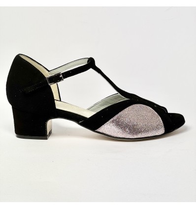 Scarpa da ballo donna latino liscio spuntata camoscio nero glitter arcobaleno suola cuoio tacco 40