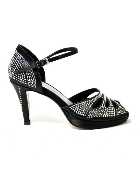 Scarpa da ballo donna latino americano ballo da sala liscio plateau raso nero strass boreali suola cuoio pomiciato tacco 85