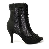 Stivaletto spuntato da ballo donna heels latino americano ballo da sala liscio rete camoscio nero suola bufalo tacco 85 stiletto