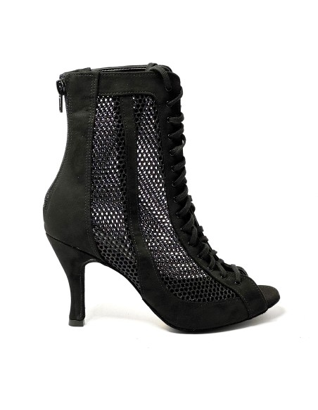 Stivaletto spuntato da ballo donna heels latino americano ballo da sala liscio rete camoscio nero suola bufalo tacco 85 stiletto