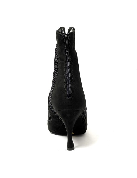 Stivaletto spuntato tessuto rete pelle nero suola cuoio tacco 85 sottile