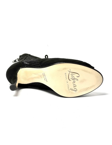 Stivaletto spuntato tessuto rete pelle nero suola cuoio tacco 85 sottile