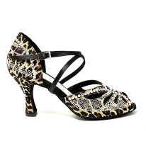 Scarpa da ballo donna latino americano ballo da sala tessuto leopardo beige strass boreali suola bufalo tacco 80 rocchetto