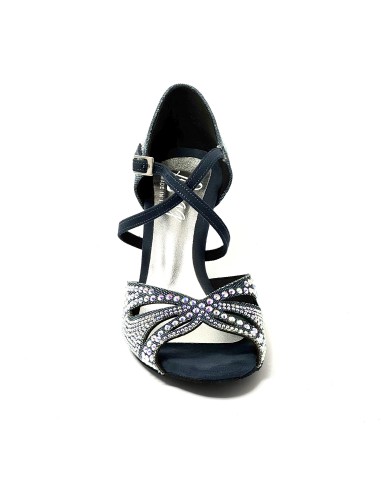 Scarpa da ballo donna latino americano ballo da sala liscio tessuto denim blu strass boreali suola bufalo tacco 70 rocchetto