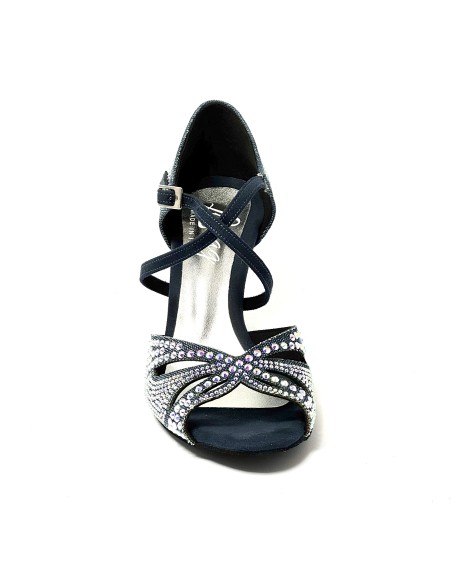 Scarpa da ballo donna latino americano ballo da sala liscio tessuto denim blu strass boreali suola bufalo tacco 70 rocchetto