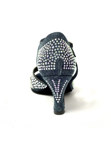 Scarpa da ballo donna latino americano ballo da sala liscio tessuto denim blu strass boreali suola bufalo tacco 70 rocchetto