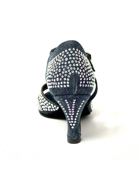 Scarpa da ballo donna latino americano ballo da sala liscio tessuto denim blu strass boreali suola bufalo tacco 70 rocchetto