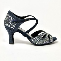 Scarpa da ballo donna latino americano ballo da sala liscio tessuto denim blu strass boreali suola bufalo tacco 70 rocchetto