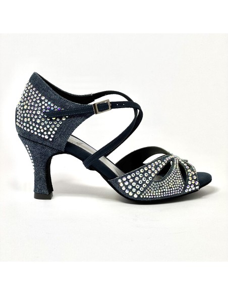Scarpa da ballo donna latino americano ballo da sala liscio tessuto denim blu strass boreali suola bufalo tacco 70 rocchetto