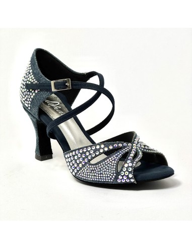 Scarpa da ballo donna latino americano ballo da sala liscio tessuto denim blu strass boreali suola bufalo tacco 70 rocchetto