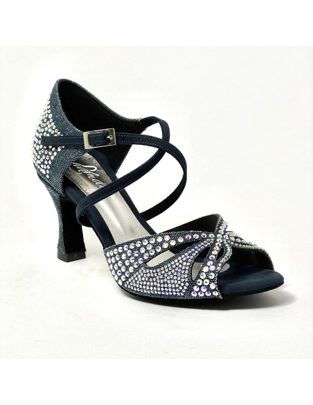 Scarpa da ballo donna latino americano ballo da sala liscio tessuto denim blu strass boreali suola bufalo tacco 70 rocchetto
