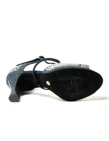 Scarpa da ballo donna latino americano ballo da sala liscio tessuto denim blu strass boreali suola bufalo tacco 70 rocchetto