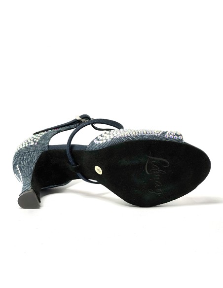 Scarpa da ballo donna latino americano ballo da sala liscio tessuto denim blu strass boreali suola bufalo tacco 70 rocchetto