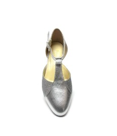 Scarpa da ballo bambino liscio punta chiusa pelle e glitter argento suola bufalo tacco 30