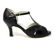 Scarpa da ballo donna latino americano tango ballo da sala liscio pelle glitter nero suola cuoio pomiciato tacco 65 stiletto