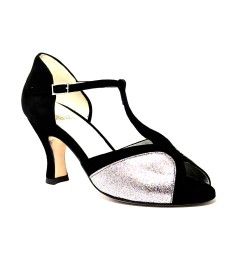 Scarpa da ballo donna latino liscio spuntata camoscio nero glitter arcobaleno suola cuoio tacco 70 rocchetto