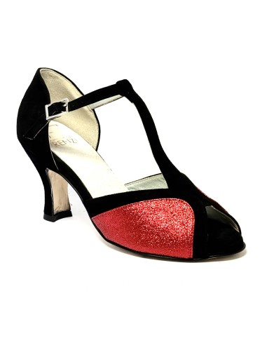 Spuntata camoscio nero glitter rosso suola cuoio tacco 70 rocchetto