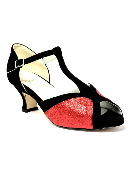 Spuntata camoscio nero glitter rosso suola cuoio tacco 50 rocchetto