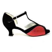 Spuntata camoscio nero glitter rosso suola cuoio tacco 50 rocchetto