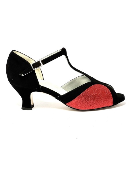 Spuntata camoscio nero glitter rosso suola cuoio tacco 50 rocchetto