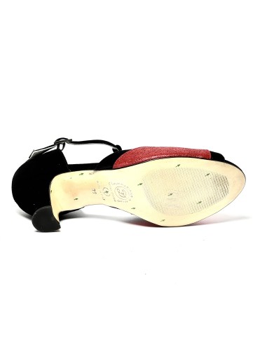 Spuntata camoscio nero glitter rosso suola cuoio tacco 50 rocchetto