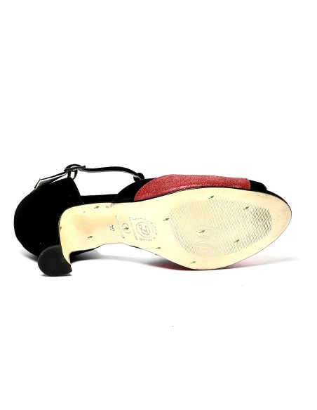Spuntata camoscio nero glitter rosso suola cuoio tacco 50 rocchetto