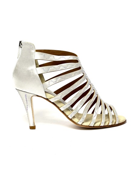 Spuntata raso argento tutta strass suola cuoio tacco 85 stiletto