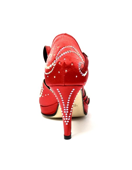 Spuntata raso rosso strass plateau 1,5 cm suola cuoio tacco 85 stiletto