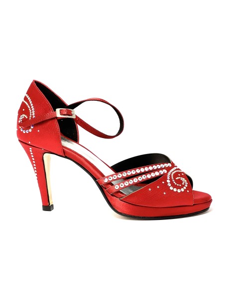 Spuntata raso rosso strass plateau 1,5 cm suola cuoio tacco 85 stiletto