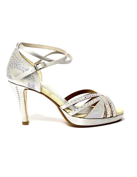 Spuntata raso argento tutte strass plateau 1,5 cm suola cuoio tacco 85 stiletto
