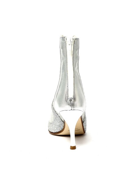 Stivaletto spuntato tessuto rete pelle argento suola cuoio tacco 85 sottile