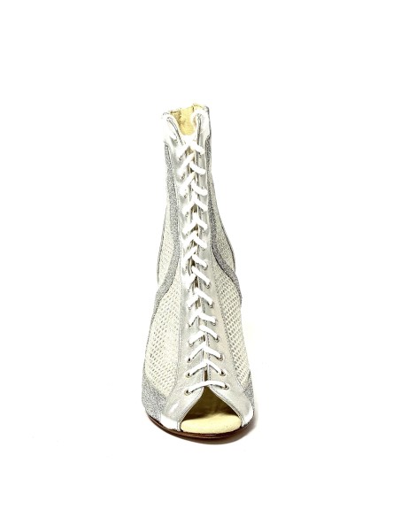 Stivaletto spuntato tessuto rete pelle argento suola cuoio tacco 85 sottile