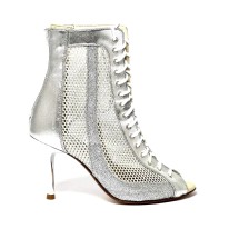 Stivaletto spuntato tessuto rete pelle argento suola cuoio tacco 85 sottile