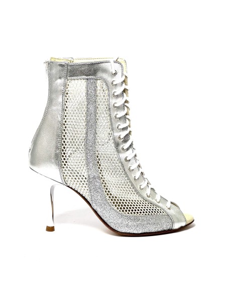 Stivaletto spuntato tessuto rete pelle argento suola cuoio tacco 85 sottile