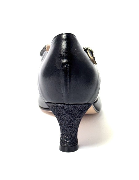 Punta chiusa pelle glitter nero suola cuoio tacco 50 rocchetto