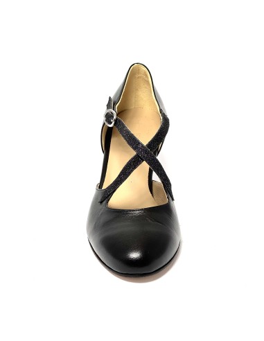Punta chiusa pelle glitter nero suola cuoio tacco 50 rocchetto