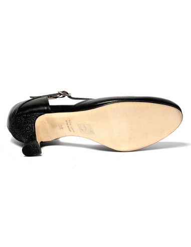 Punta chiusa pelle glitter nero suola cuoio tacco 50 rocchetto