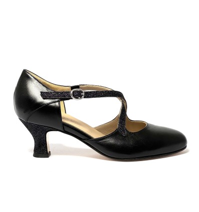 Punta chiusa pelle glitter nero suola cuoio tacco 50 rocchetto