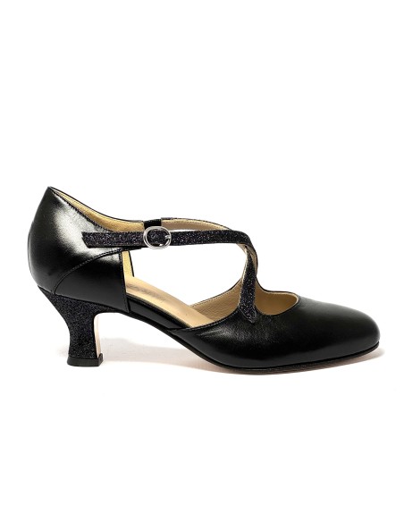 Punta chiusa pelle glitter nero suola cuoio tacco 50 rocchetto