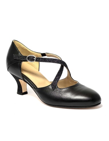 Punta chiusa pelle glitter nero suola cuoio tacco 50 rocchetto
