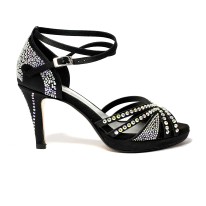 Spuntata raso nero tutta strass plateau 1,5 cm suola cuoio tacco 85 stiletto