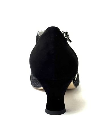 Spuntata camoscio nero glitter nero suola cuoio tacco 50