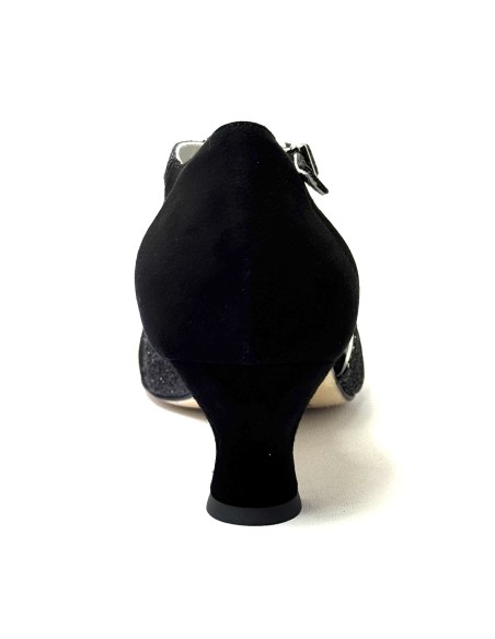 Spuntata camoscio nero glitter nero suola cuoio tacco 50