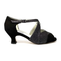 Spuntata camoscio nero glitter nero suola cuoio tacco 50