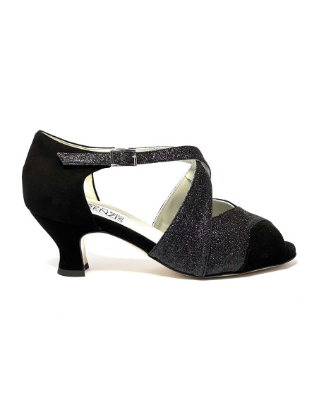 Spuntata camoscio nero glitter nero suola cuoio tacco 50
