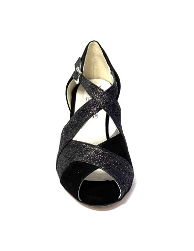 Spuntata camoscio nero glitter nero suola cuoio tacco 50