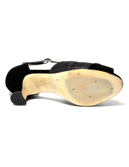 Spuntata camoscio nero glitter nero suola cuoio tacco 50