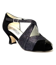 Scarpa da ballo donna latino liscio spuntata camoscio nero glitter nero suola cuoio tacco 50